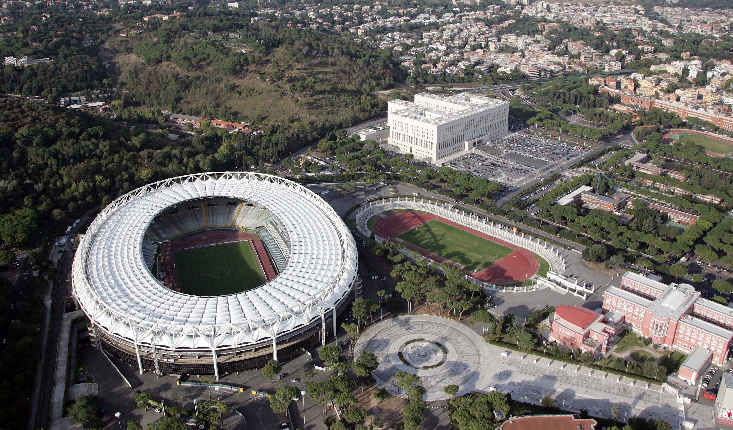 ROME - OCTOBER 23: The picture shows an aerial view of the Olympic Stadium on October 23, 2007 in Rome, Italy. (Photo by Gareth Cattermole/Getty Images)