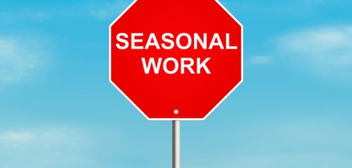 Seasonal work. Road sign on the sky background. Raster illustration.